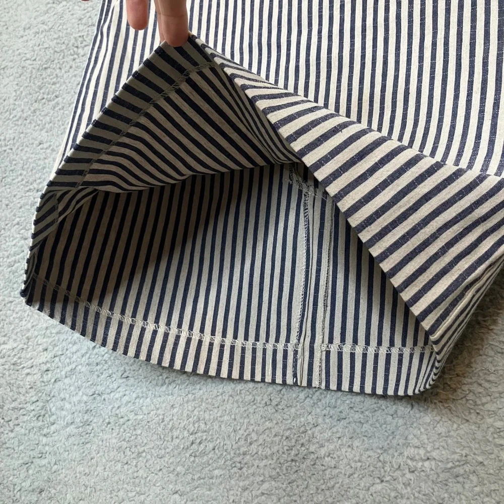 NWOT Linda Matthews Pencil Skirt Women M Navy Oatmeal Linen Blend Striped Belted